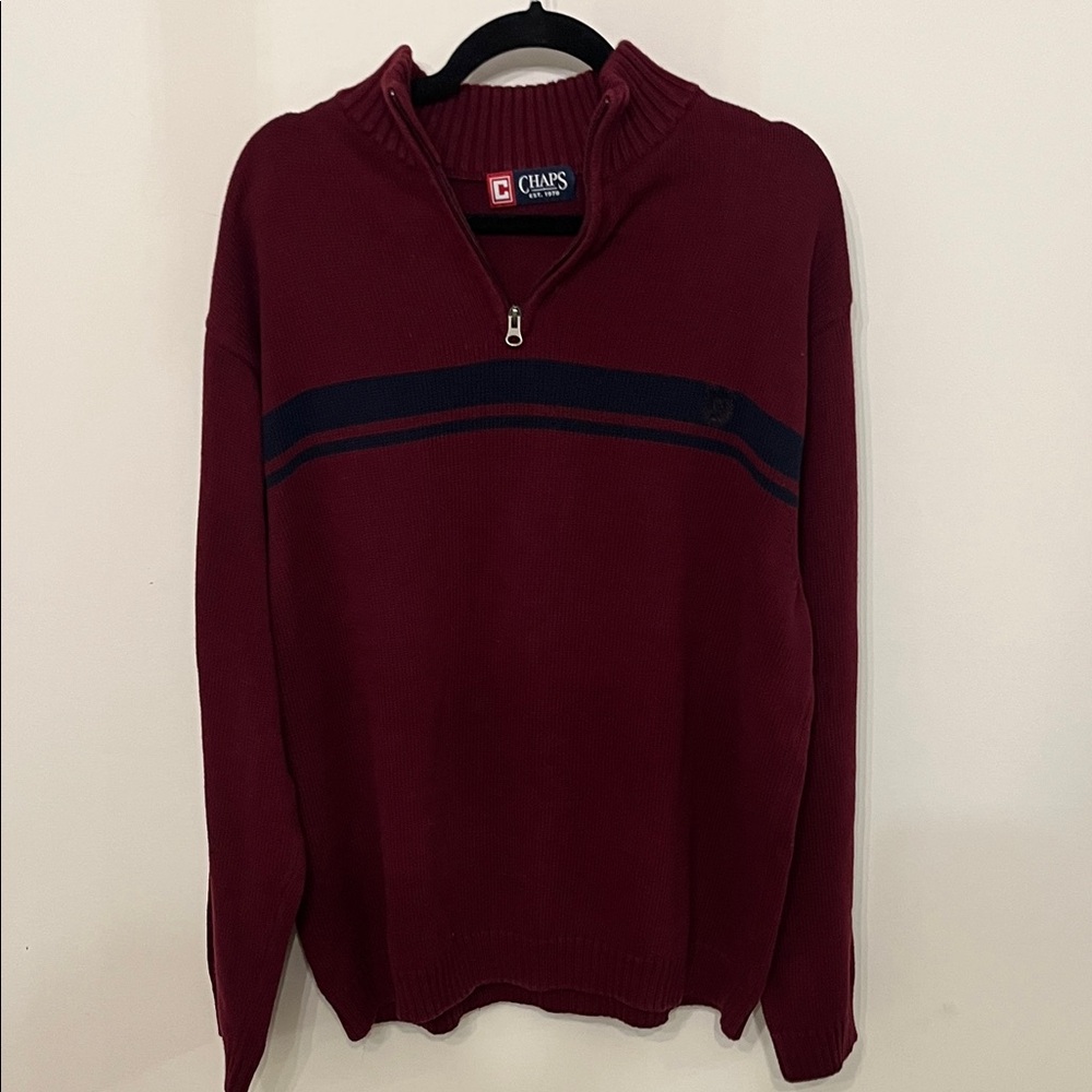 Chaps Men's Maroon and Dark Blue 1/4 Zip-Up Sweater